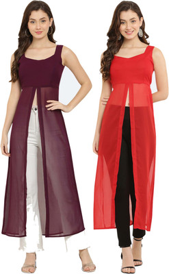 VESICLE Women Solid Frontslit Kurta(Purple, Red)