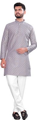MAHI CREATIVE Men Block Print Straight Kurta(Grey)