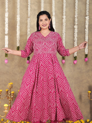 Aramya Women Printed Anarkali Kurta(Pink)