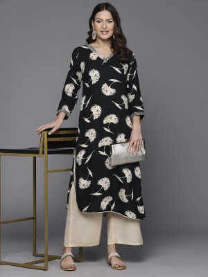 Indo Era Women Printed Straight Kurta(Black, Beige)