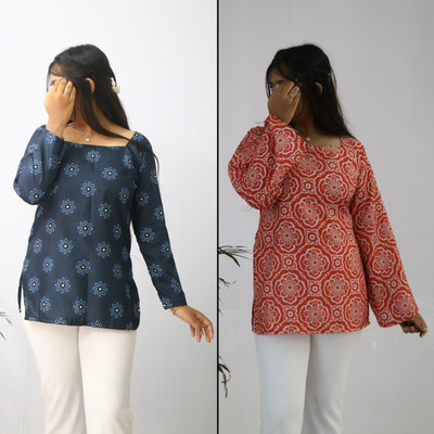 aanzri Women Floral Print Straight Kurta(Red, Dark Blue)