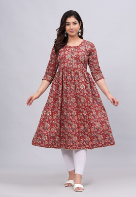 Mahruchi Textile Women Block Print Flared Kurta(Maroon)
