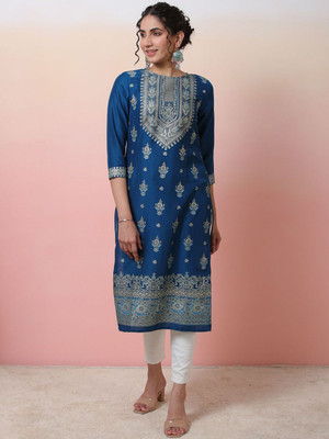 Sangria Women Printed Straight Kurta(Dark Blue)