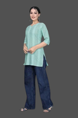 texpa Women Striped Straight Kurta(Blue)