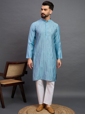 House of Pataudi Men Embroidered Straight Kurta(Light Blue)