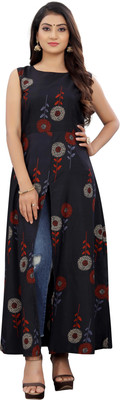 HouseOfCommon Women Printed Frontslit Kurta(Black)