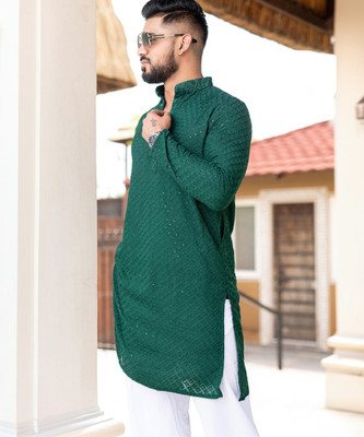 FOXDX Men Embroidered A-line Kurta(Green)