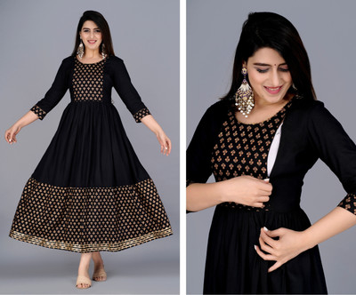 MANAV FASHIONS Women Printed Anarkali Kurta(Black, Gold)