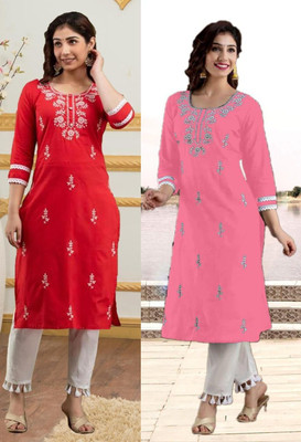 SISTO Women Embroidered Straight Kurta(Multicolor)