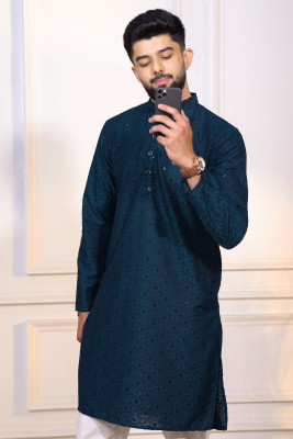 Koshin Men Paisley, Embroidered Straight Kurta(Dark Blue)