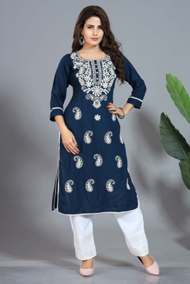 TattvaLoom Women Chikan Embroidery Straight Kurta(Dark Blue)