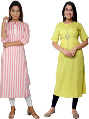 Kundan Women Printed Straight Kurta(Green, Pink)