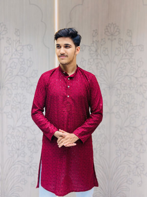 Shree Shyam Collection Men Chikan Embroidery Straight Kurta(Red)