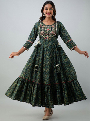 ANOUK Women Printed Anarkali Kurta(Green)