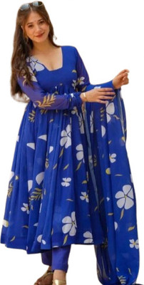 VRINDA ROOP Women Floral Print Flared Kurta(Blue)