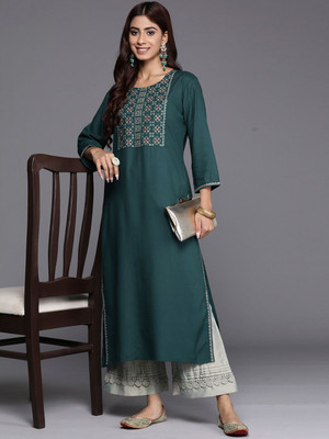 ANOUK Women Solid Straight Kurta(Green)