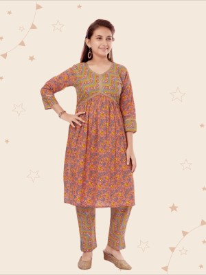 Aarika Girls Floral Print Flared Kurta(Multicolor)