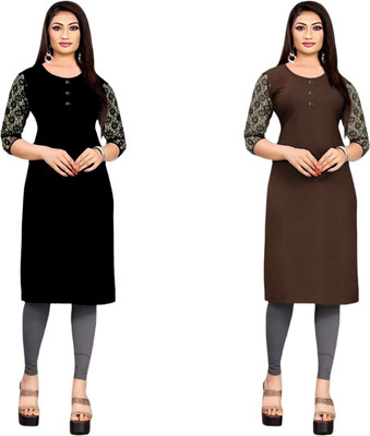 HOFC Women Solid Straight Kurta(Black, Brown)