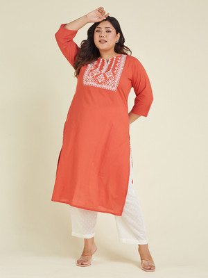Janasya Women Embroidered Straight Kurta(Orange)