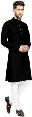Mann Fashion Men Solid Straight Kurta(Black)