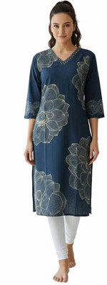 CRAFTIQUE Women Printed, Floral Print A-line Kurta(Dark Blue)