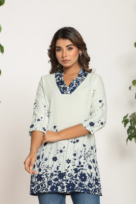 Jaipuri Bunaai Women Floral Print Straight Kurta(Dark Blue, White)