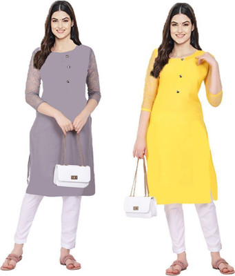 Good Straders Women Solid Straight Kurta(Grey, Yellow)