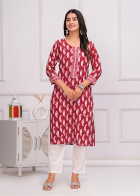 Fabitude Women Printed Straight Kurta(Maroon)