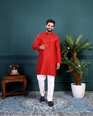ORIFAB Men Solid A-line Kurta(Red)