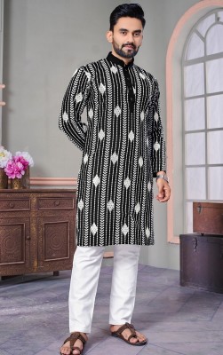 Lazzly Men Embroidered Straight Kurta(Black)