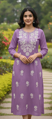 ZEHRACHIKAN Women Chikan Embroidery Straight Kurta(Purple)
