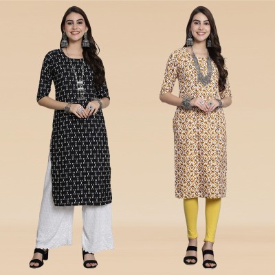 EthnicBasket Women Printed A-line Kurta(Black, White, Yellow)