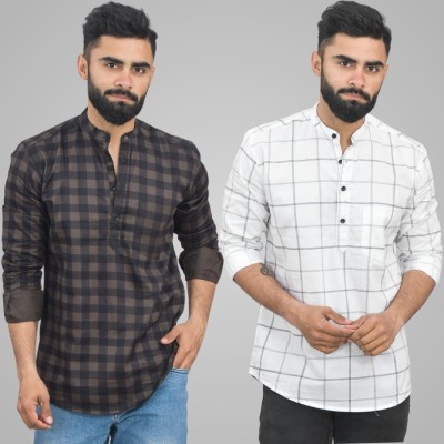 QuaClo Men Checkered Straight Kurta(Brown, White)