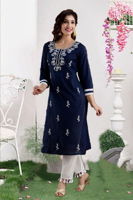 vikshi Women Embroidered Straight Kurta(Dark Blue)