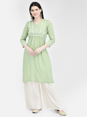 Ojjasvi Women Self Design A-line Kurta(Green)
