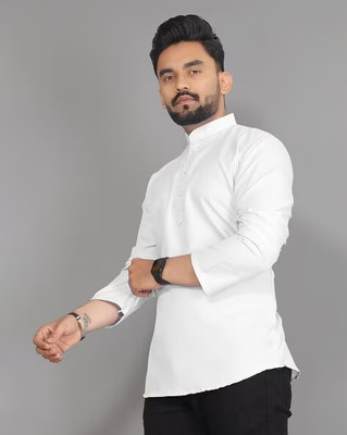 PoshSide Men Solid Flared Kurta(White)