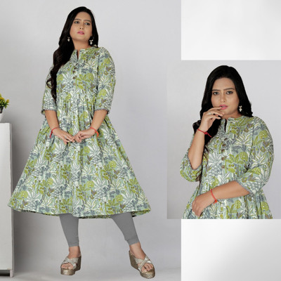Fabriza Women Printed Anarkali Kurta(Light Green)