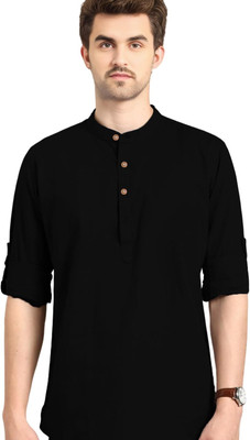 DaReal Men Solid A-line Kurta(Black)