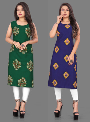 tanvi creation Women Floral Print Straight Kurta(Green, Blue)