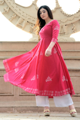 INDI INSIDE Women Block Print Anarkali Kurta(Pink)