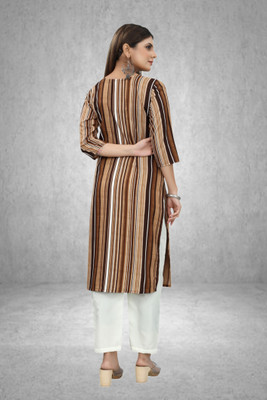 HouseOfCommon Women Striped Straight Kurta(Brown)
