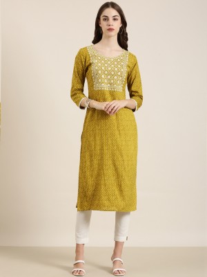 Showoff Women Printed Straight Kurta(Light Green, White)