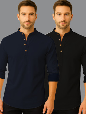 KNOWTED Men Solid Straight Kurta(Dark Blue)