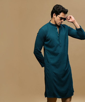 Sanwara Men Chikan Embroidery Straight Kurta(Green)