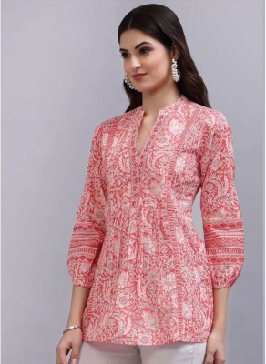Embroidered Kaftan Casual Floral Print Women Blue Top