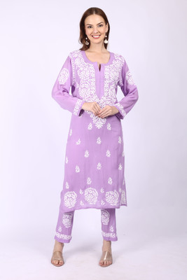 Rumi Chikan Women Chikan Embroidery A-line Kurta(Purple)