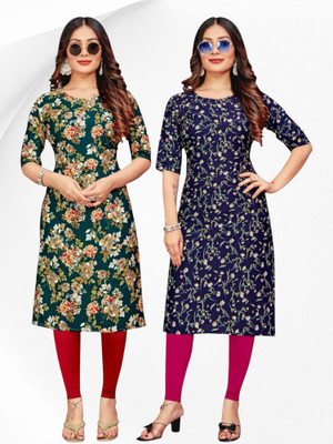 HouseOfCommon Women Floral Print Straight Kurta(Green, Blue)