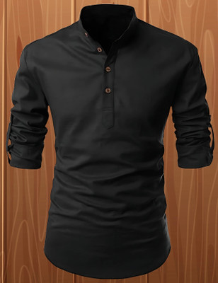 PoshSide Men Solid Straight Kurta(Black)