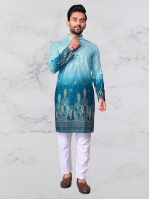 AARYA COLLECTION Men Printed Straight Kurta(Blue)