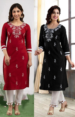 vikshi Women Chikan Embroidery Straight Kurta(Multicolor)